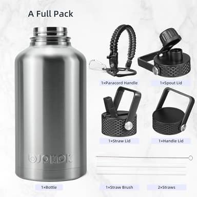 BJPKPK Half Gallon Insulated Water Bottles with Straw Lid, 64oz Large Water Jug, Stainless Steel Bottles with 3 Lids and Paracord Handle, Thermo for Hot & Cold Liquid, Stainless Steel - Image 4