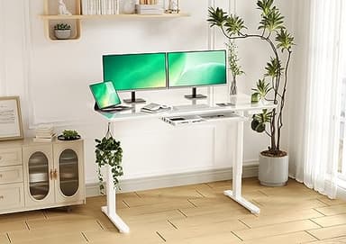 INNOVAR Glass Standing Desk with Drawers, 55×27.6 Inch Adjustable Stand Up Desk Quick Install Home Office Computer Desk, Super White - Image 2