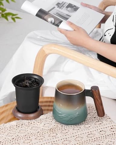 ZENS Embossed Ceramic Tea Mug with Infuser and Lid, 14.5 oz Wooden Handle, Loose Leaf Tea Steeper Cup & Strainer for Tea Lovers Gifts - Image 2
