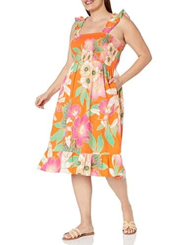 The Drop Women's Kimi Ruffled Shoulder Smocked Midi Dress, Fire Orange Floral, XS - Image 5