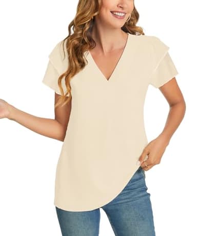 KUOTAI Womens Tops Summer Casual Shirts Short Sleeve V Neck Dressy Work Business Blouse(Beige, XX-Large) - Image 2