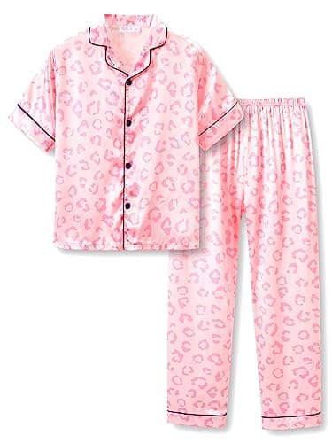 Topgal Big Girls Jammies Size 12 – Lovely Pink Leopard Short Sleeve & Pants Button Down PJ Set Sleepwear - Image 1