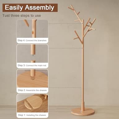 Muwuele Coat Rack,Solid Wood Coat Rack Freestanding with 12 Hooks,Coat tree freestanding 3 Adjustable Heights for coat, Hats, Handbags，Coat Stand for Entryway,Bedroom (Natural) - Image 9