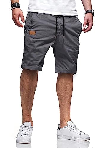JMIERR Mens Casual Shorts - Cotton Drawstring Summer Beach Stretch Waist Twill Chino Dress Golf Travel Essentials Shorts with Pockets for Men, L, S1 Grey 2 - Image 1