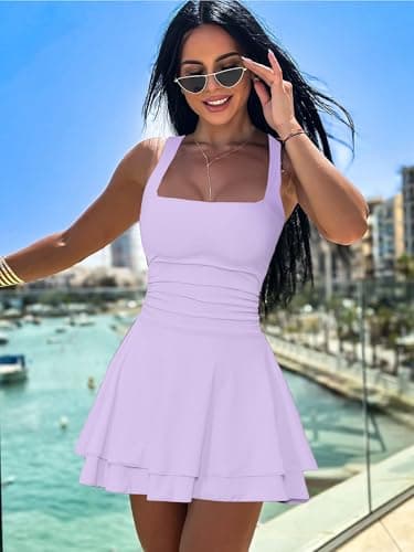 Kaximil Women's Square Neck Ruffle Hem Mini Dress Ruched Waist Short Party Dresses, X-Large, Purple - Image 6