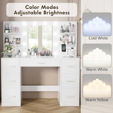 YESHOMY Vanity Desk with Mirror, Power Outlet and 10 Lights, Makeup Table with 7 Drawers, 3 Color Modes Available for Bedroom, Pure White - Image 4