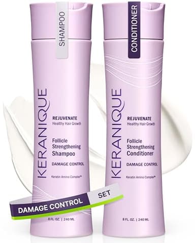 Keranique Shampoo and Conditioner for Damaged Hair - Anti-Breakage, Damage Control Set for Thinning Hair - Intense Repair, Deep Conditioning, Anti-Hairfall Routine w/Keratin - Great for Colored Hair - Image 1