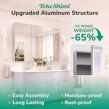 TokeShimi 60 x 32 Farmhouse Medicine Cabinet Recessed or Surface Mount Aluminum, Mirror with Stepless Adjustable Storage, Silver Bathroom Mirror Medicine Cabinet Frameless Metal Modern - Image 5