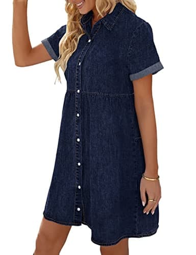 LookbookStore Denim Dress for Women Summer Women's Blue Jean Dress for Summer Short Sleeve Babydoll Dress with Lapel Collar Button Down Dress Loose Denim Dress for Women Casual Twilight Blue Size L - Image 2