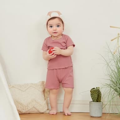 Kupretty 2Pcs Toddlers Baby Girls Summer Clothes Set Ruffle Ribbed Short Sleeves T-Shirt Tops Shorts Comfy Outfits (Pink, 12-18 Months) - Image 2