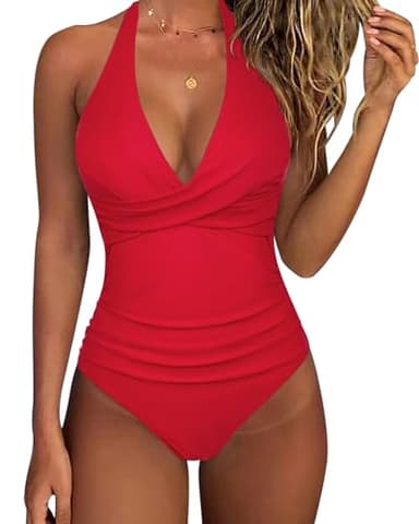SUUKSESS Women Sexy Tummy Control One Piece Swimsuits Halter Push Up Monokini Bathing Suits (Red, XL) - Image 1