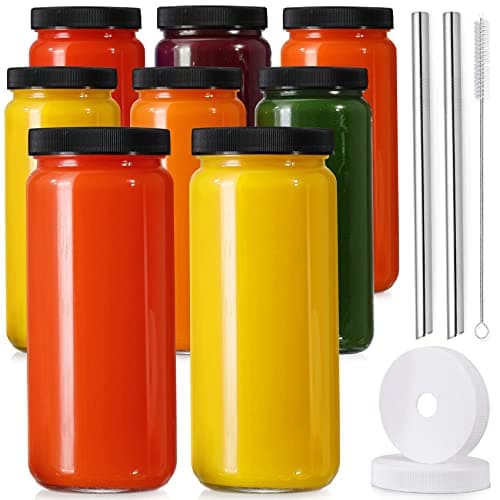 [ 8 Pack ] Glass Juicing Bottles with 2 Straws & 2 Lids w Hole- 16 OZ Travel Drinking Jars, Water Cups with Black Airtight Lids, Reusable Tall Mason Jar for Juice, Bubble Tea, Smoothie, Tea, Kombucha - Image 1