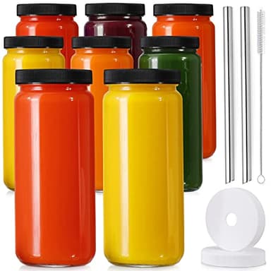 [ 8 Pack ] Glass Juicing Bottles with 2 Straws & 2 Lids w Hole- 16 OZ Travel Drinking Jars, Water Cups with Black Airtight Lids, Reusable Tall Mason Jar for Juice, Bubble Tea, Smoothie, Tea, Kombucha - Image 1