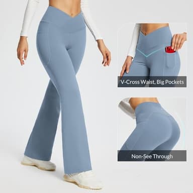 BALEAF Yoga Pants with Pockets for Women Flare Leggings Tummy Control Trendy Crossover High Waist Bell Bottom Leggings Light Blue 29/'' XL, Soft - Image 3