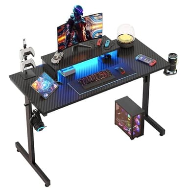 Bestier 42 inch Gaming Desk with LED Lights, Small Computer Gaming Table with Monitor Shelf, Gamer Desk with Headphone Hook, Kids Boys Computer Table with Black Carbon Fiber Texture - Image 1