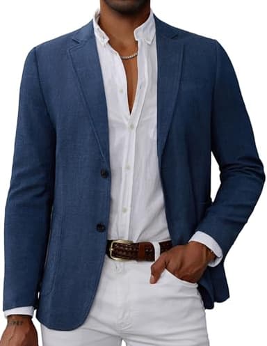 Men's Long Sleeve Knit Denim Sport Coat Blazer Premium Office Casual Business Stretch Suit Dress Jacket Denim Blue L - Image 1