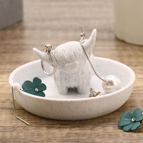 Awsaccy Highland Cow Ring Holder with Circular Dish, Plastic Farmhouse & Bohemian Style Marble Cute Unique Women Gifts Stuff Ring Jewelry Plate Organizer for Bathroom Office Home Room Desk Decor - Image 1