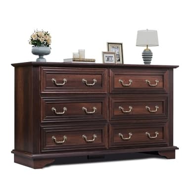 WLIVE Wood Dresser for Bedroom with 6 Drawer, 51.97'' Wide, Farmhouse Long Storage Dresser Organizer with Roman Metal Handle, TV Stand for 60 inch TV, Chest of Drawers for Living Room, Hallway, Brown - Image 1