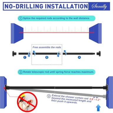 SUNALLY Shower Curtain Rods 32 to 61 Inch, Shower Tension Rod No Drilling Adjustable Shower Rods for Bathroom Non-Slip Stainless Steel Telescoping Shower Bar for Curtain, No Rust, Black - Image 5
