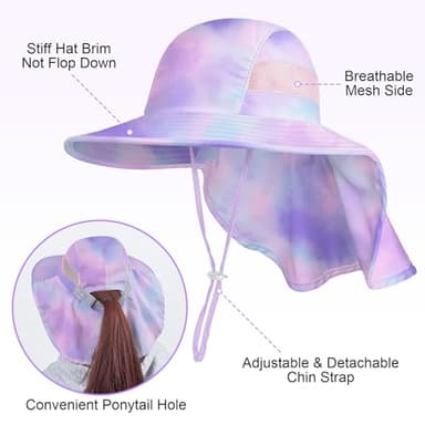 Kids Sun Hat UV Protection Unicorn Summer Beach Play Hats Wide Brim Neck Flap for Girls Boys, Light Purple, 2-9 Years - Image 4