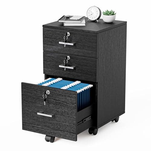 VINGLI 3-Drawer File Cabinet with Lock, Wood Rolling Filing Cabinets for Home Office, Mobile Printer Stand, Under Desk File Organizer for Letter Sized Files, 26" H(Caster Included), Black - Image 1