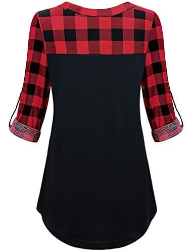 MOQIVGI Misses Tops 3/4 Sleeve,Buffalo Plaid Shirts Womens V Neck Stylish Dressy Office Casual Career Blouses Soft Lightweight Splicing Colorblock Shirttail Tunics Red Black Medium - Image 3