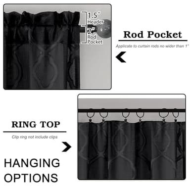 OWENIE Sheer Black Curtains 45 Inch Length 2 Panels, Geometric Jacquard Clip Textured Short Sheer Curtains for Small Window, Modern Elegant Bathroom Curtains Panels/Drapes Semi Sheer, Each 42x45 inch - Image 3