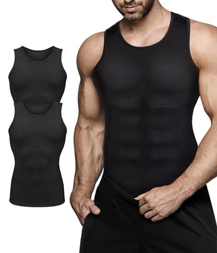 Mens Compression Shirt Slimming Body Shaper Vest Workout Tank Tops Abs Abdomen Undershirts 2 Packs - Black+Black, Large - Image 1