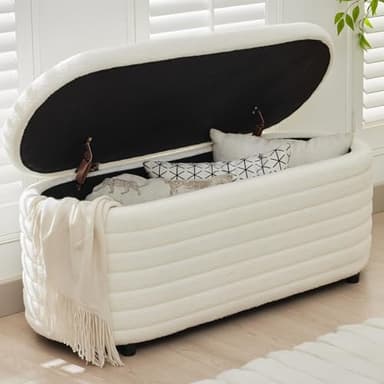 DM Furniture Storage Teddy Ottoman Bench Upholstered Fabric Storage Bench End of Bed Stool with Safety Hinge for Bedroom, Living Room, Entryway, Closet(44.5", White) - Image 4