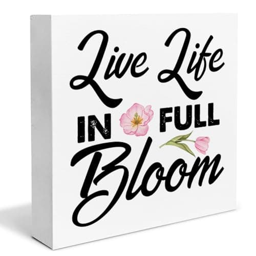 Spring Decor Farmhouse Live Life in Full Bloom Wood Box Sign Spring Decorations Rustic Home Desk Shelf Tabletop Decor 5 x 5 Inches - Image 1