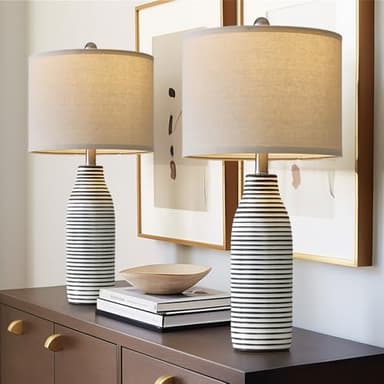 USumkky 25" Ceramic Table Lamps Set of 2 Beside Lamps for Living Room Modern Bedroom Lamps for Night Stands with Rotary Switch Black and White Stripes - Image 4