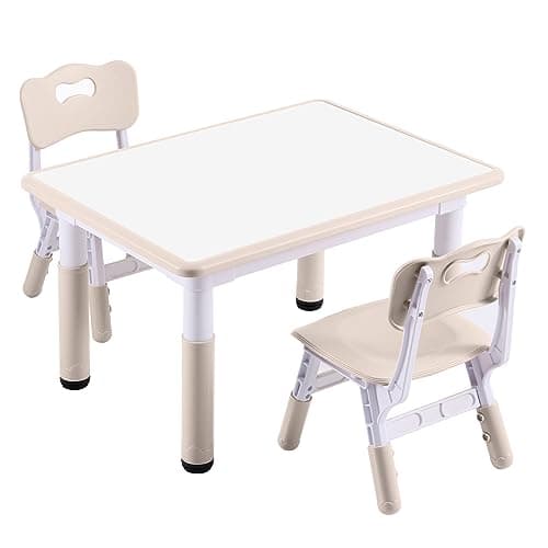 DOREROOM Kids Table and 2 Chairs Set, Height-Adjustable Toddler Table and Chair Set with Graffiti Desktop, 31.5''L x 23.6''W Children Activity Table for Daycare, Classroom, Home - Image 1