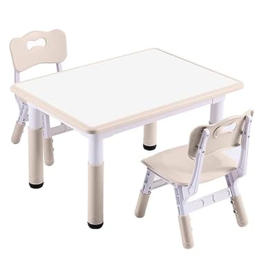 DOREROOM Kids Table and 2 Chairs Set, Height-Adjustable Toddler Table and Chair Set with Graffiti Desktop, 31.5''L x 23.6''W Children Activity Table for Daycare, Classroom, Home - Image 1