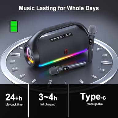 HWWR Portable Bluetooth Speaker with 2 Wireless Microphones, IPX5 Waterproof Speakers with Deep Bass & LED Lights, Loud Stereo Portable Speaker for Outdoor Indoor Home Parties Hiking Camping - Image 4