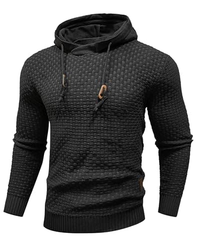 Zaitun Mens Hooded Sweatshirt Long Sleeve Solid Knitted Hoodie Pullover Sweater Black - Image 1