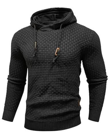Zaitun Mens Hooded Sweatshirt Long Sleeve Solid Knitted Hoodie Pullover Sweater Black - Image 1
