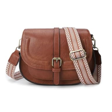 AFKOMST Crossbody Bags for Women,Small Saddle Purse and Boho Cross Body Handbags,Vegan Leather, Brown Guitar Strap - Image 1