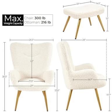 Yaheetech Boucle Accent Chair and Ottoman Set, Sherpa Armchair with Golden Metal Legs, High Back Reading Chair and Footstool for Living Room, Bedroom, Lounge, Ivory - Image 2