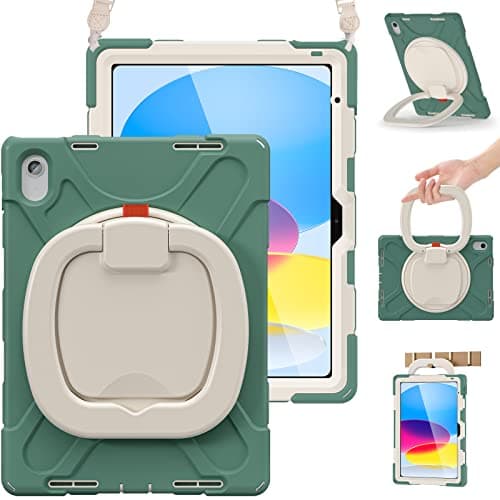 BRAECN Case for iPad (A16) 11th/10th Generation 11”/10.9'' 2025/2022-Heavy Duty Rugged Silicone Cover with Pencil Holder/Rotating Handle Grip/Stable Kickstand/Adjustable Shoulder Strap, Emerald Green - Image 1