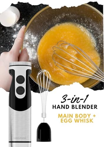 MegaWise Stainless Steel Titanium Reinforced 3-in-1 Immersion Hand Blender, Powerful with 80% Sharper Blades, 12-Speed Corded Blender, Including Whisk and Milk Frother (3-in 1 Black) - Image 7