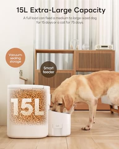 Automatic Dog Feeder for Large Breed, 15L/ 63Cups Vacuum-Sealed Storage & Timed Auto Dog Food Dispenser 2in1, Airtight 100% Freshness, Anti-Blockage, Support up to 22mm Pet Food, Stainless Steel Bowl - Image 2