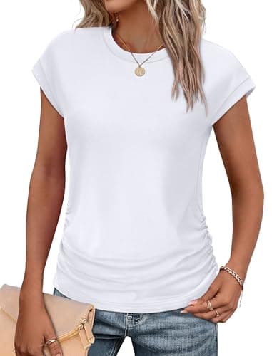 Tshirts Shirts for Women Cap Sleeve Summer Cute Tops Work Soft Basic Tees Scoop Neck Casual Loose Fit White XL - Image 1