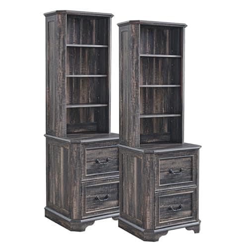 T4TREAM 6-Tier Bookcase Set of 2 with 2 File Drawers, 72" Tall Farmhouse Bookshelf with Storage & Adjustable Shelves, Wooden Floor Standing Display Book Shelf for Home Office, Dark Rustic Oak - Image 1