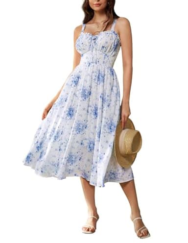 Easter Dresses for Women Floral Corset Dress Summer Milkmaid Dress Boho Beach Dresses Blue 2XL - Image 8