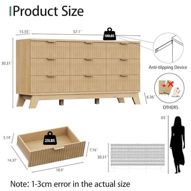 Fluted Dresser for Bedroom with 9 Drawers, 57" Wide Modern Chest of Drawers with Metal Handle, Wooden Dresser TV Stand, Wood Closet Clothes Storage Organizer for Living Room, Hallway, Natural Oak - Image 2