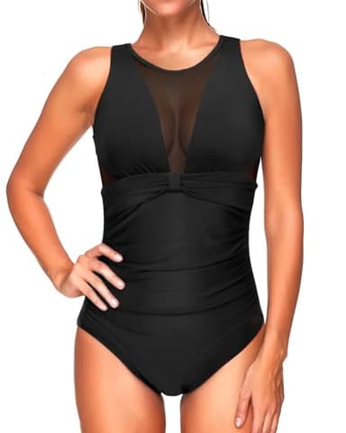 Tempt Me Women One Piece Swimsuit Tummy Control Mesh Sexy Plunge V Neck Bathing Suits Blue L - Image 5