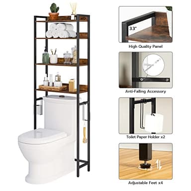 MAHANCRIS Over The Toilet Storage Rack, 4 Tier Bathroom Organizer Over Toilet, Freestanding Space Saver Toilet Stand with 2 Hooks, Bathroom Storage Shelf, Easy to Assemble, Rustic Brown TSHR0401Z - Image 5
