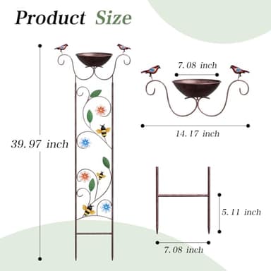 Glirops Bird Bath for Outside - Antique Iron Bird Bath with Trellis,Detachable Decorative Hummingbird Bowl,Metal Plant Support for Climbing Flowers,Elegant Outdoor Garden Feature (Honeybee) - Image 3