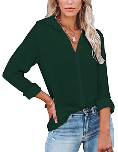 Diosun Womens Button Down V Neck Shirts Long/Short Sleeve Office Casual Business Plain Blouses Tops (XX-Large, Dark Green) - Image 1