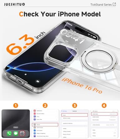 JUESHITUO 3 in 1 for iPhone 16 Pro Case, [Non-Yellowing] 360° Rotatable Magnetic Ring Stand with [1X Screen Protector + 1X Camera Lens Protector], 6.3" iPhone 16 pro case Clear - Image 9
